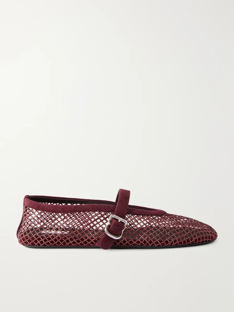 La Ballerine crystal-embellished suede-trimmed mesh ballet flats