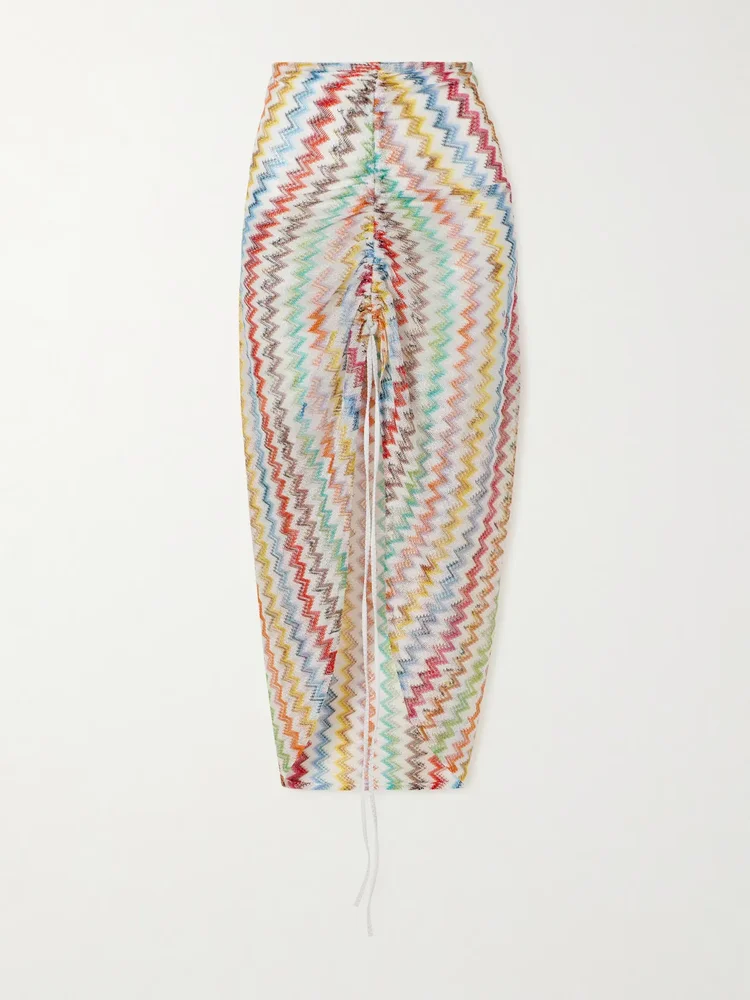 gathered striped metallic crochet knit midi skirt