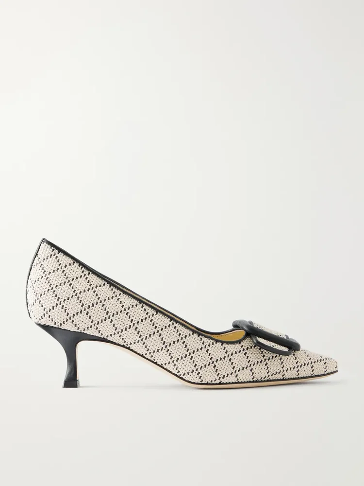Maysale 50 buckled leather-trimmed raffia pumps