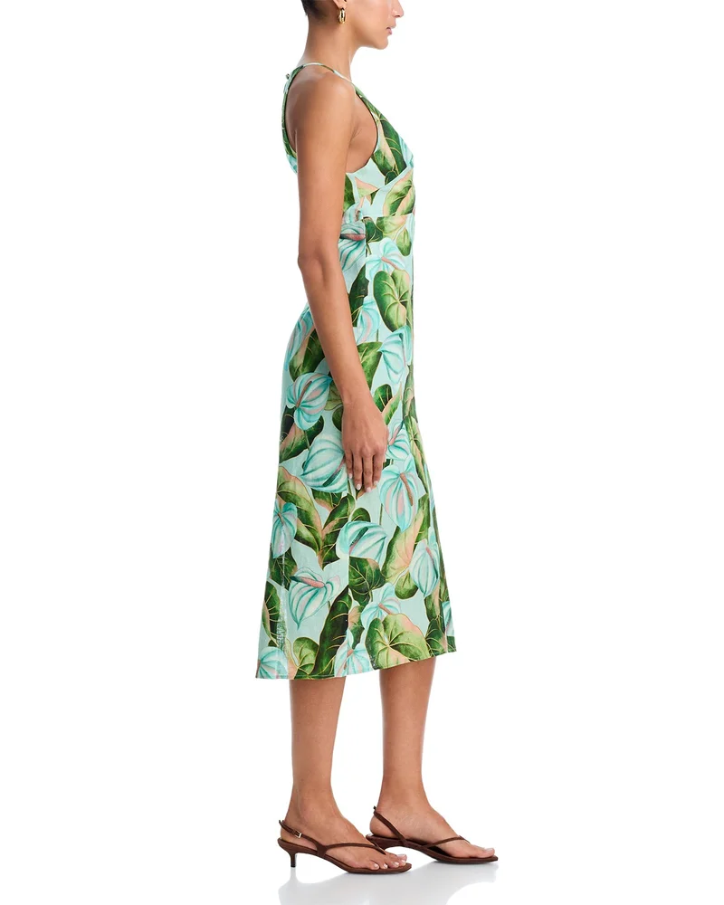 Green Dress - Anthurium Leaves Linen Midi Dress