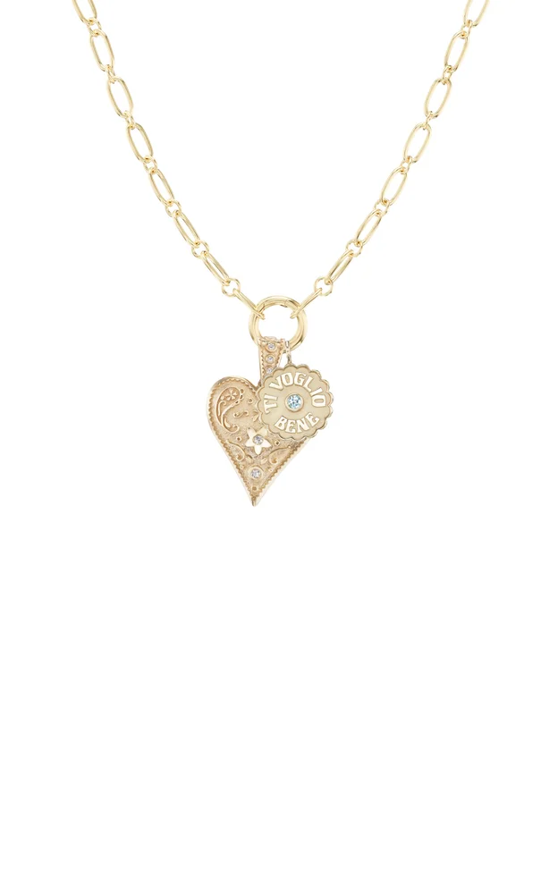 14K Yellow Gold Diamond, Aquamarine Charm Necklace