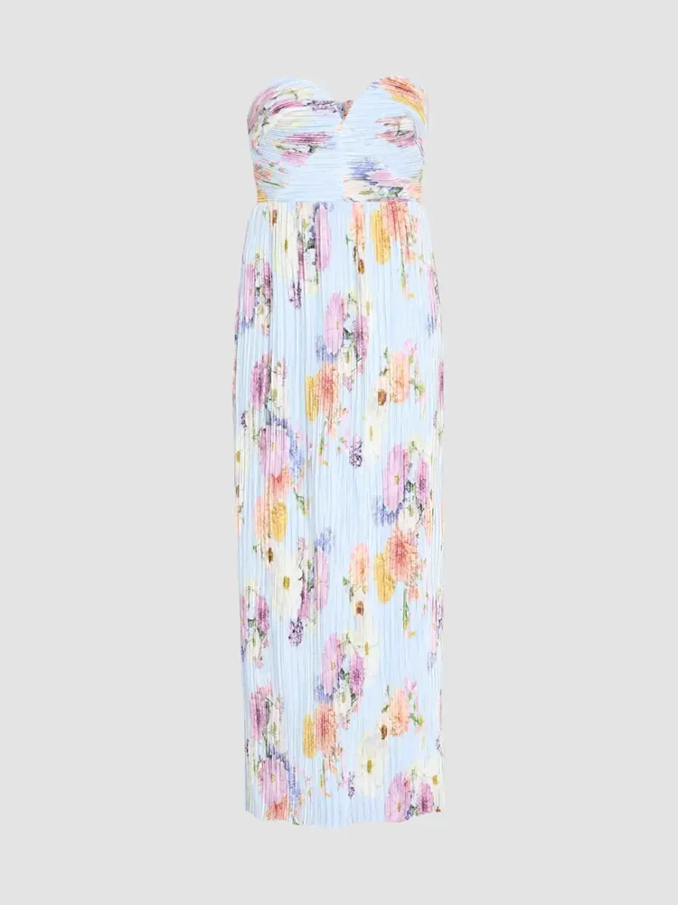 Calla Floral Pleated Strapless Gown