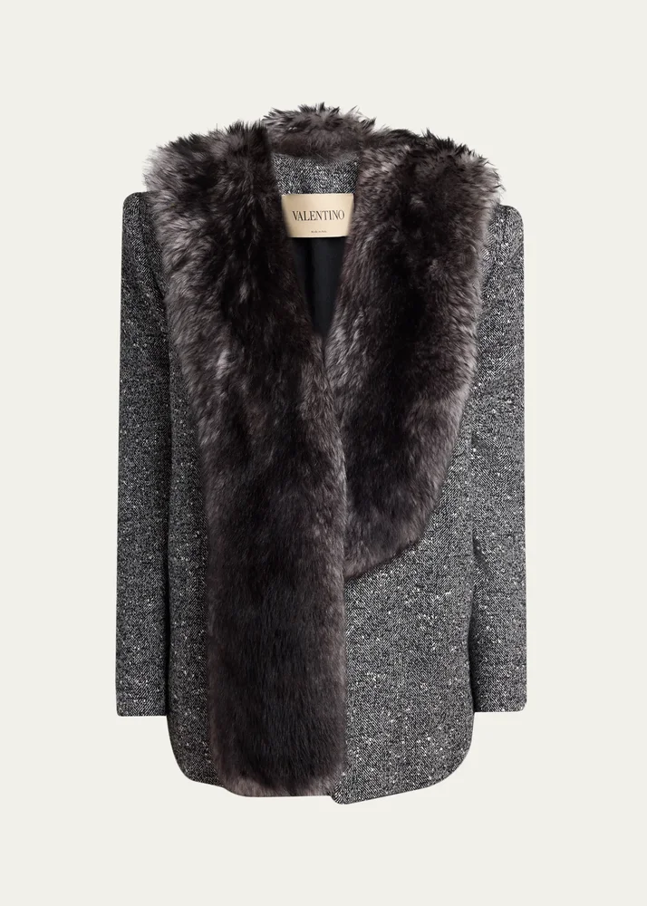 Lamb Shearling Wool Herringbone Coat