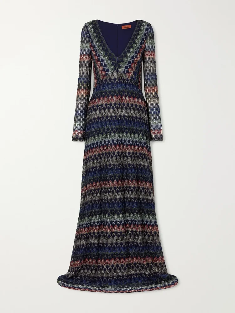 striped metallic crochet knit midi dress