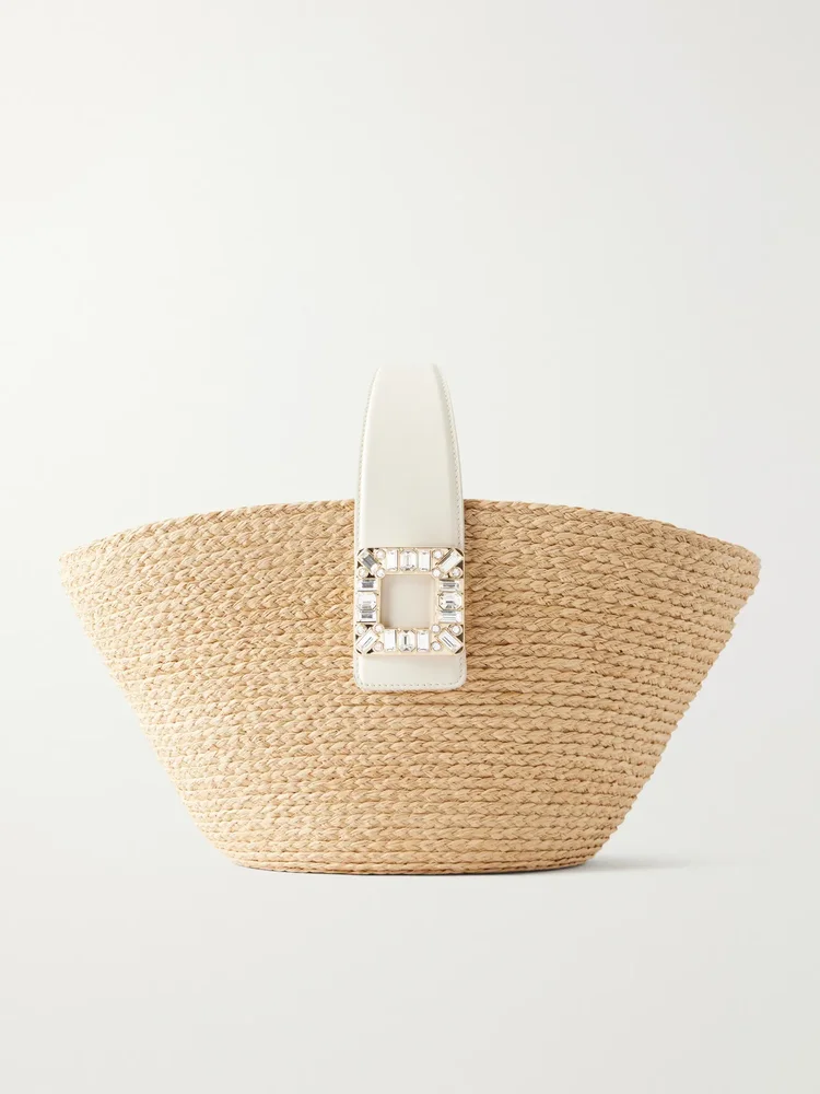 Embellished leather-trimmed raffia-effect tote bag