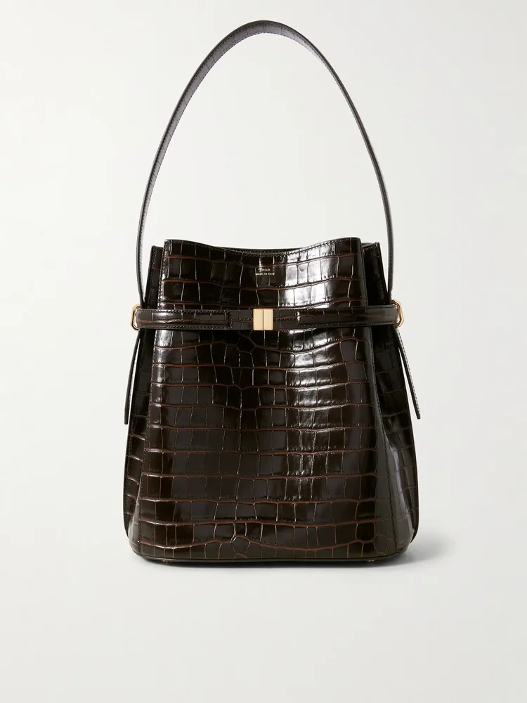 Belted croc-effect leather tote