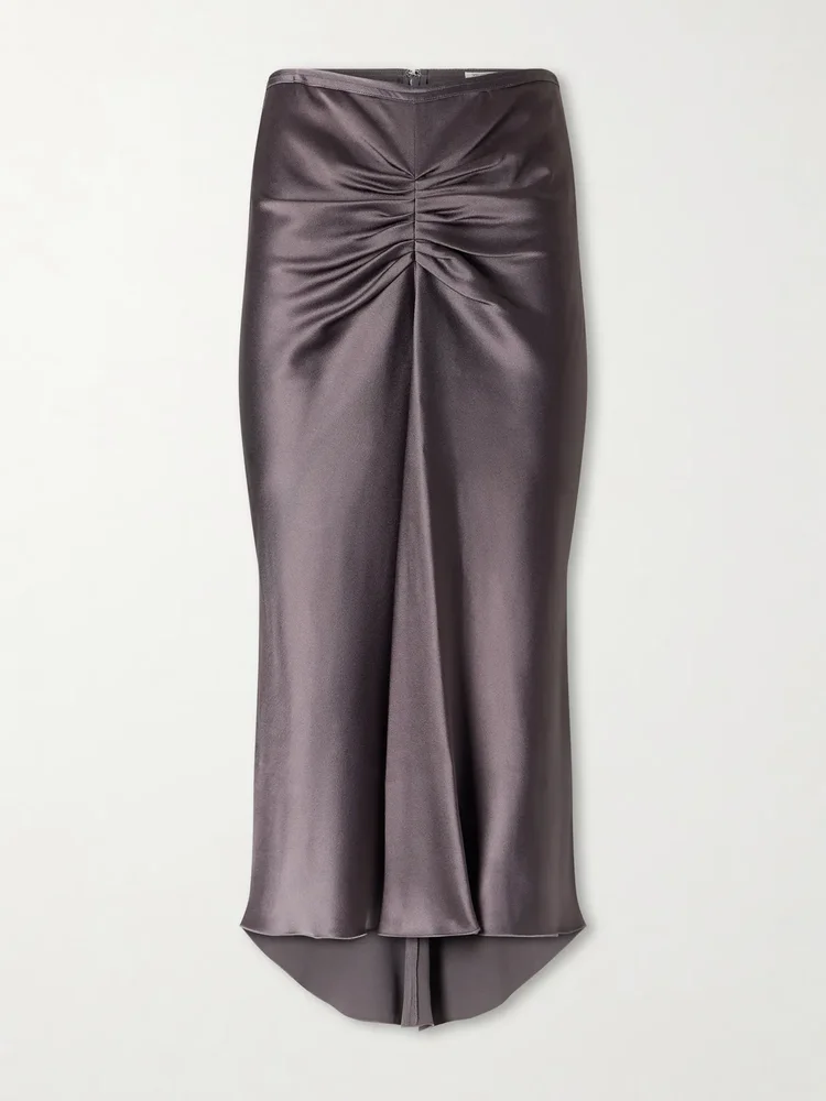 Bela ruched satin midi skirt