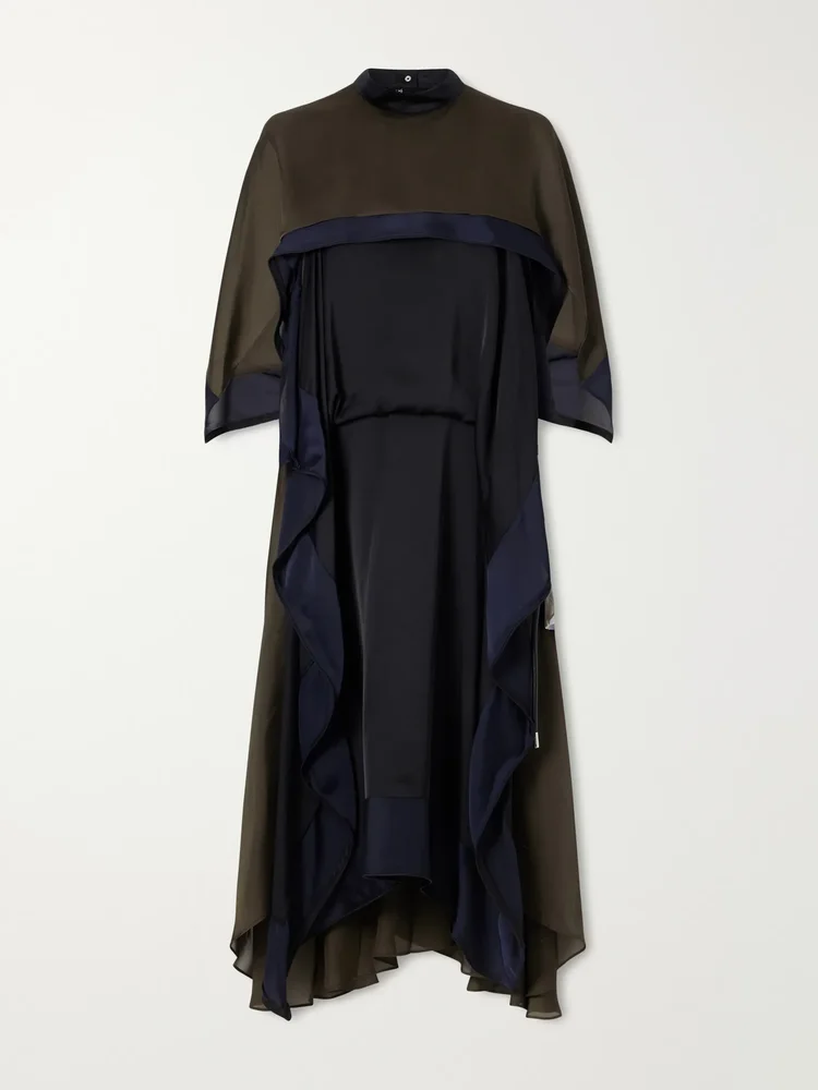 Satin chiffon-trimmed midi dress