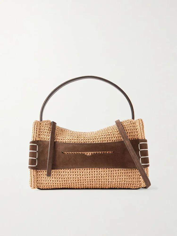 loafer crocheted suede trimmed raffia shoulder bag