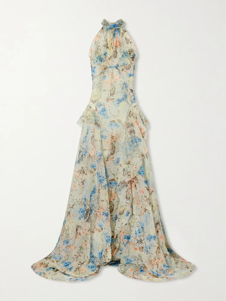Floral-print pleated silk-organza maxi dress