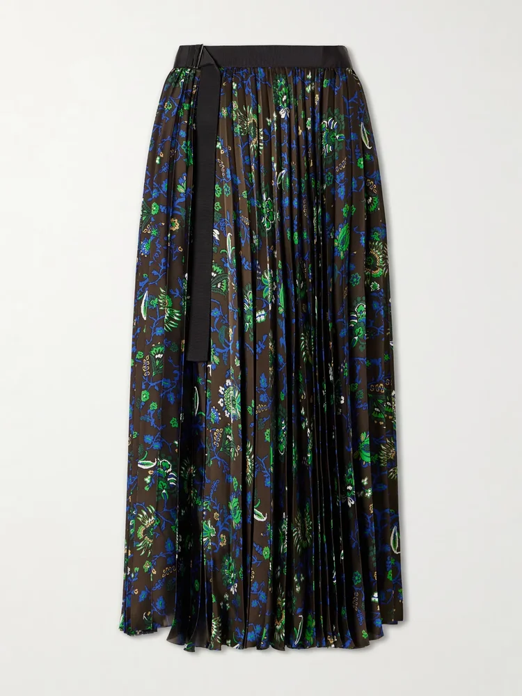 belted grosgrain trimmed pleated floral print georgette midi skirt