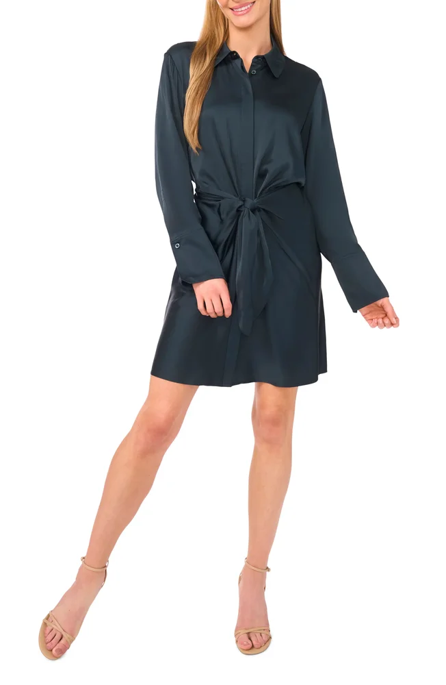 Center Twist Long Sleeve Hammered Satin Shirtdress