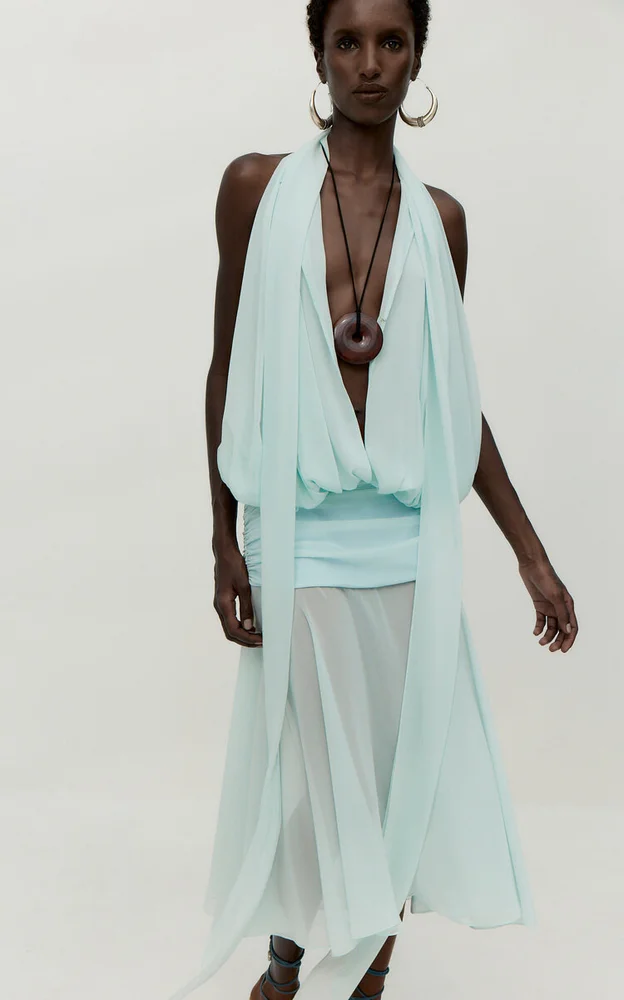 Indigo Sheer Halter Neck Midi Dress