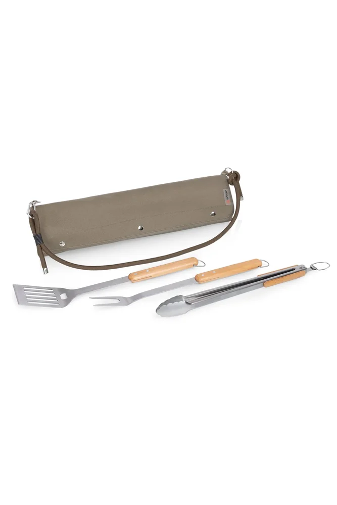 BBQ Roll Up 3 Piece Set, Green Canvas with Beechwood Tools