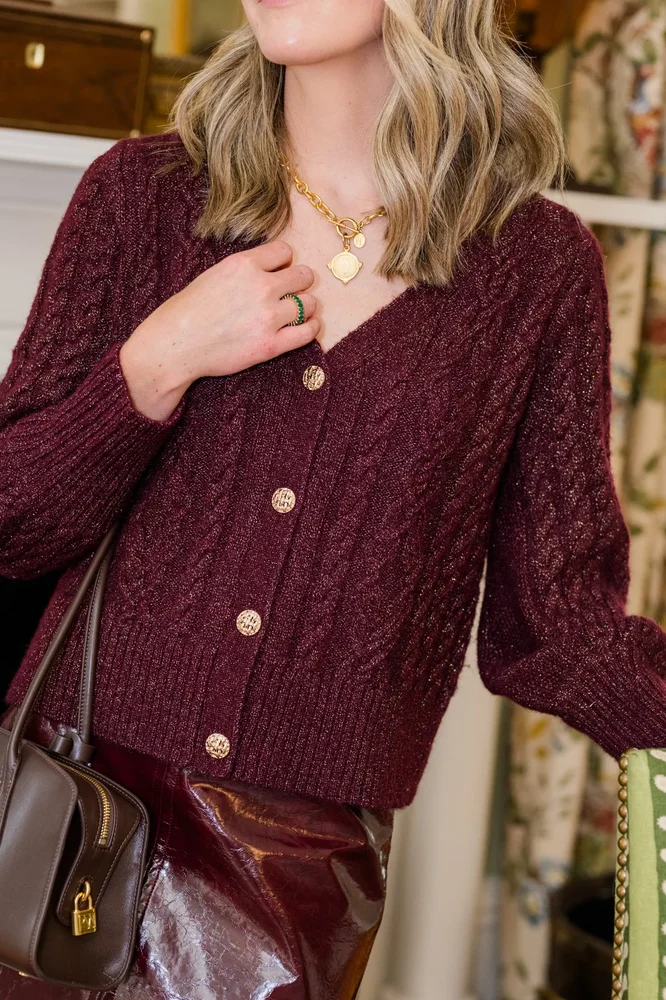 Chloe Cable Knit Cardigan in Cranberry Shimmer
