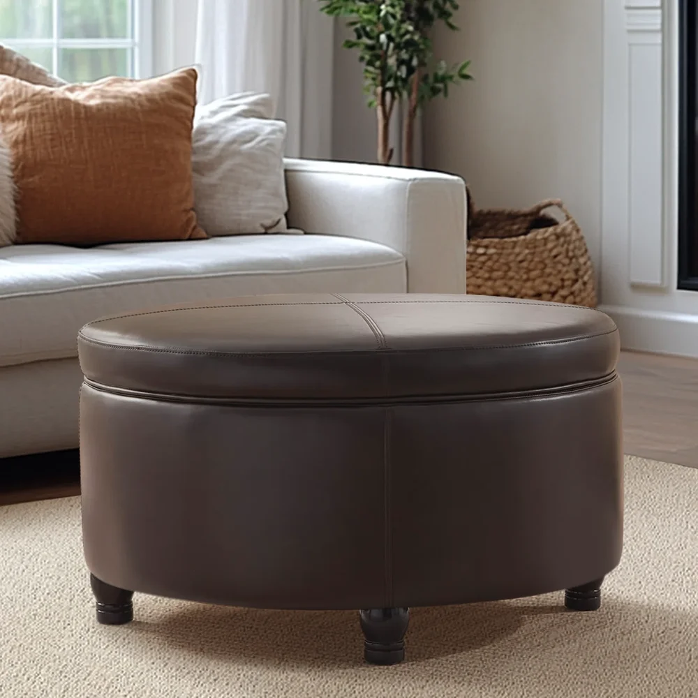 Duanys Faux Leather Upholstered Round Storage Ottoman