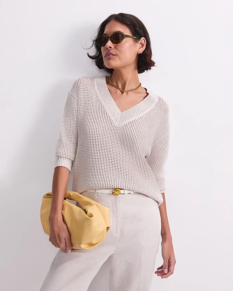 Cotton Crochet V-Neck Knit