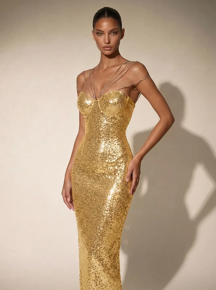 Mew Mews Chiquita Rhinestone Sequin Maxi Dress In Gold