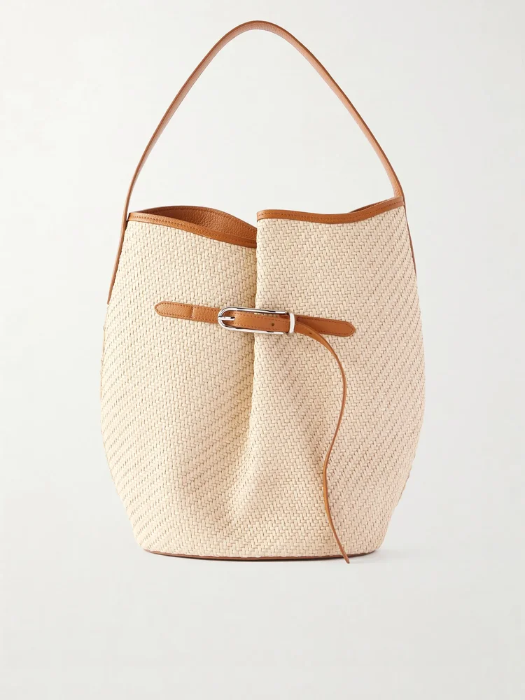 Buckled leather-trimmed woven raffia shoulder bag