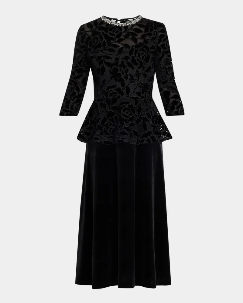 Rhinestone-Trim Floral Velvet Crepe Midi Dress