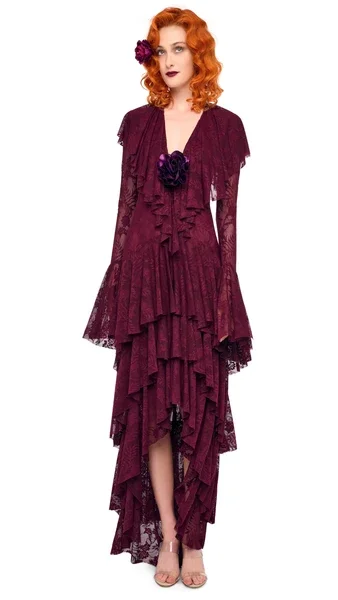 HI LOW LONG SLEEVE DEEP V RUFFLE GOWN - Plum