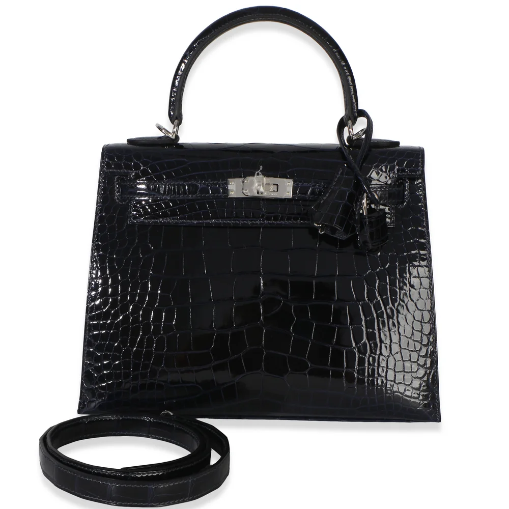 Pre-Owned Kelly Sellier 25 Bleu Marine Shiny Alligator with Palladium Hardware