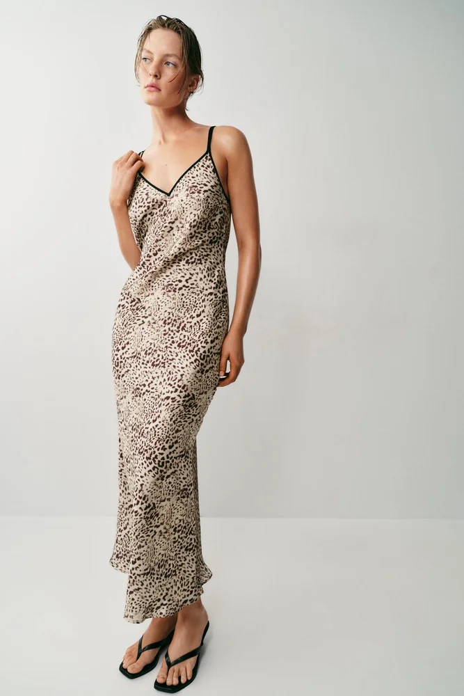 ANIMAL PRINT SATIN SLIP MIDI DRESS