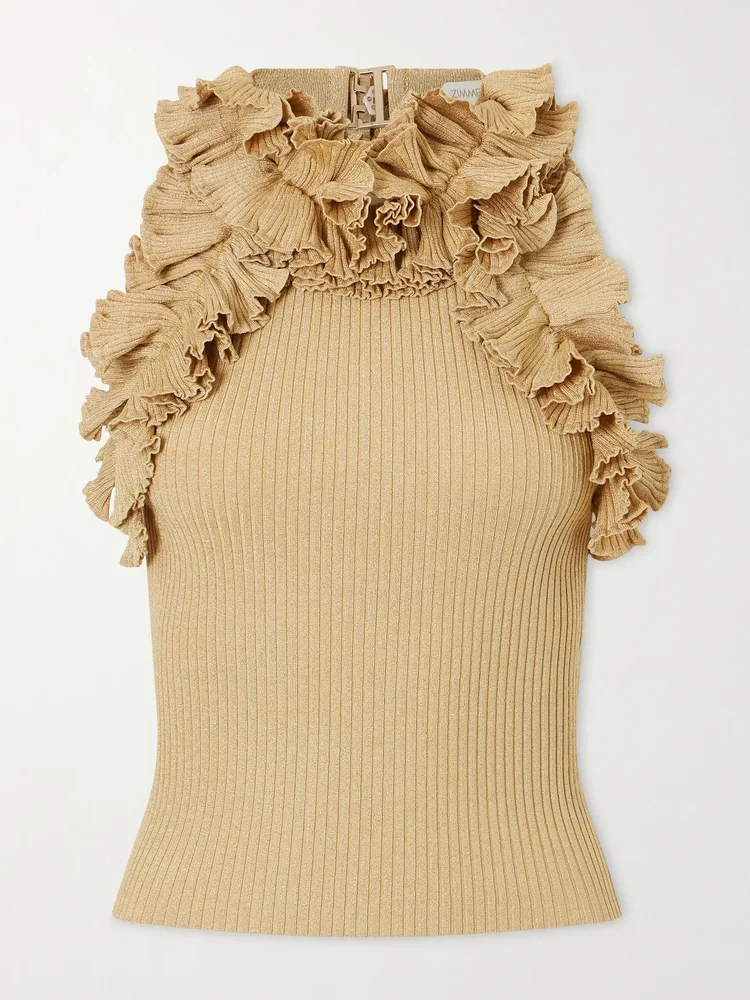 luna cropped ruffled metallic ribbed knit top