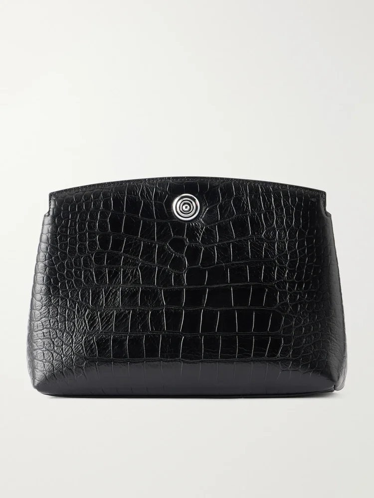 Pushlock crocodile-effect leather clutch