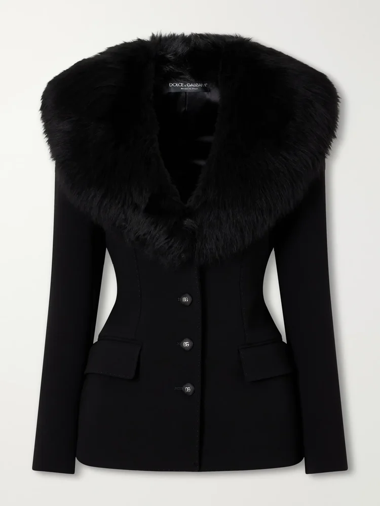 Peplum plush-trimmed wool-blend jacket