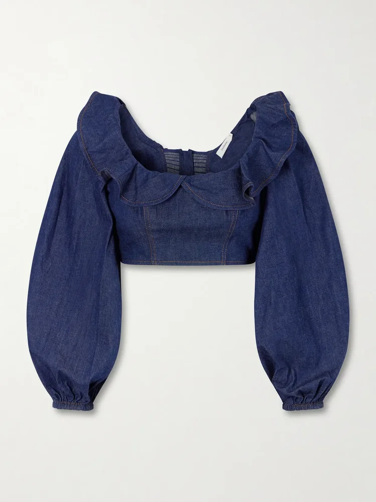 Aster cotton-denim frill top