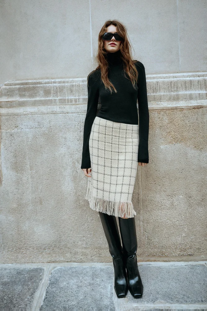 Plaid Fringed Midi Skirt
