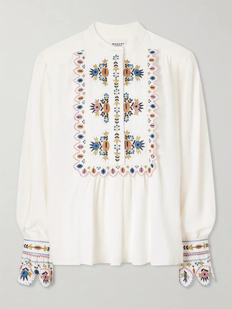 Monique embroidered linen-blend blouse