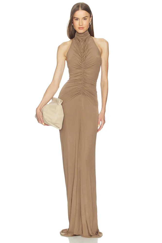 Halter Neck Front Ruched Gown