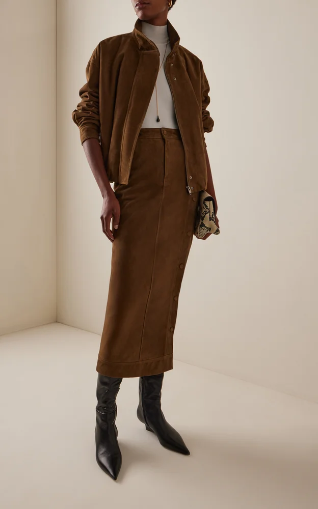 Snapped Midi Suede Skirt