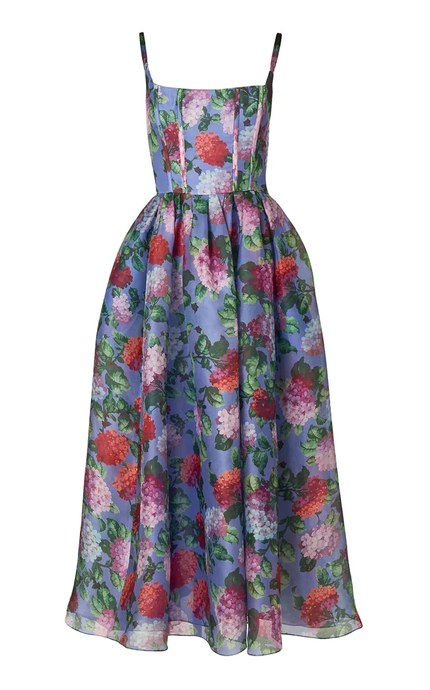 Hydrangea-Printed Crepe Midi Dress