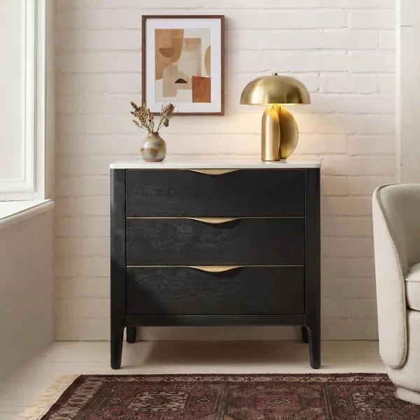 Burdine Modern 25.75-inch W 3-Drawer Elegant Marble Top Nightstand with Built-In Power Outlet