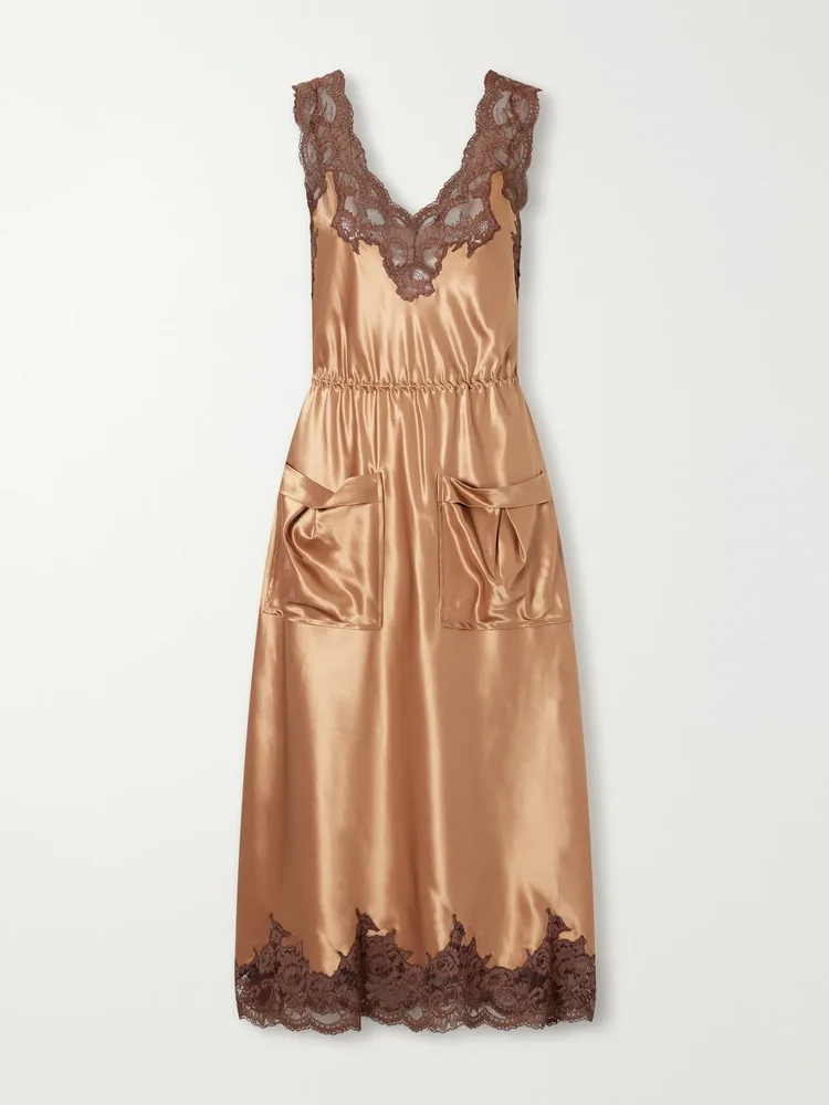 Lace-trimmed satin midi dress