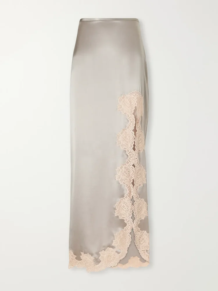Lace-trimmed silk-satin midi skirt