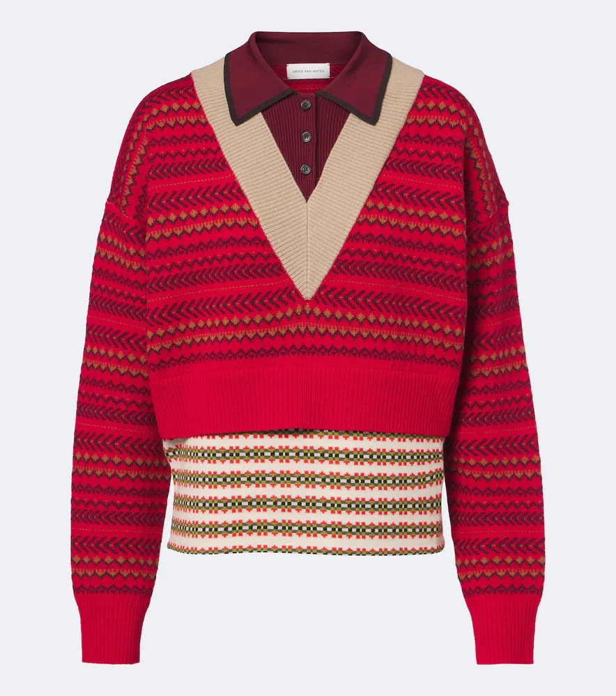 Jacquard wool-blend polo sweater