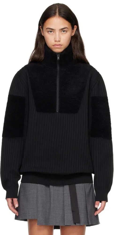 Black Knitted Panel Blocked Half Zip Sweater