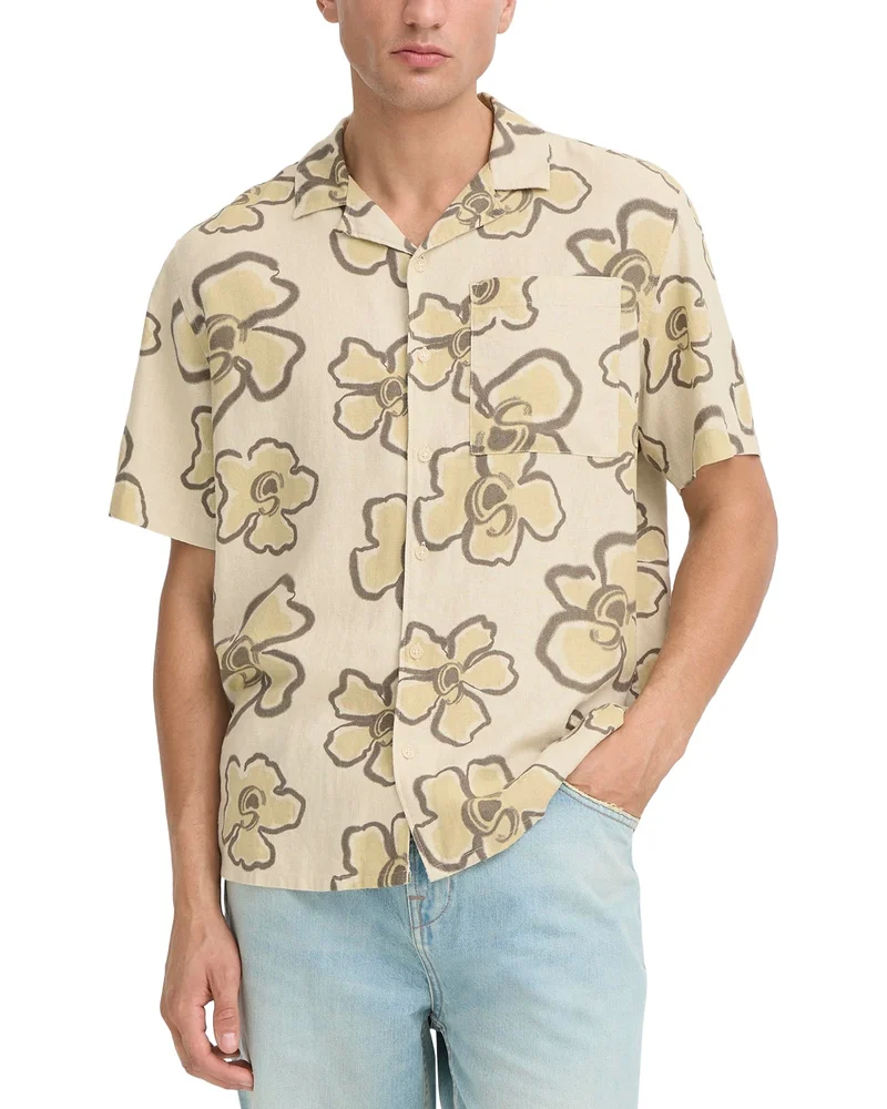 Linen Printed Short Sleeve Button Up Shirt