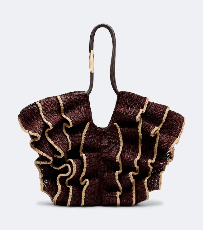 Goldentime Medium ruffled raffia tote bag