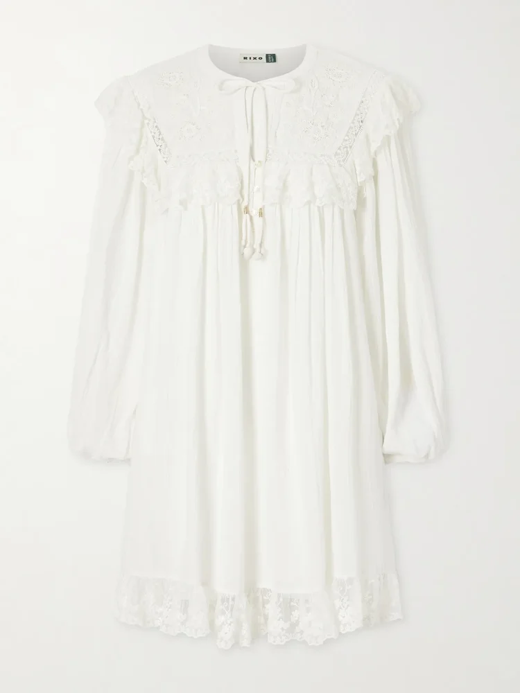 Inez floral-embroidered lace-trimmed cotton mini dress