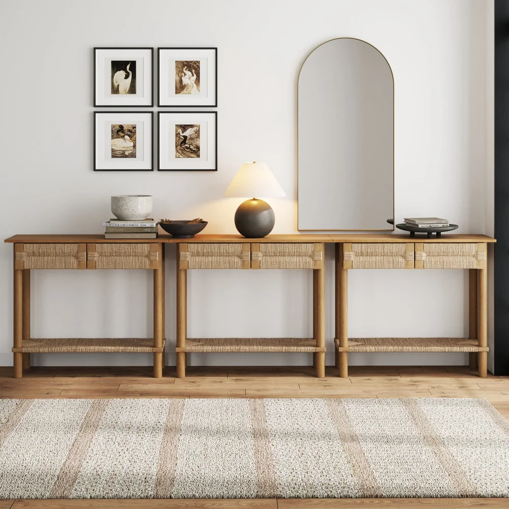 Boho Seagrass Console Tables, Set of 3