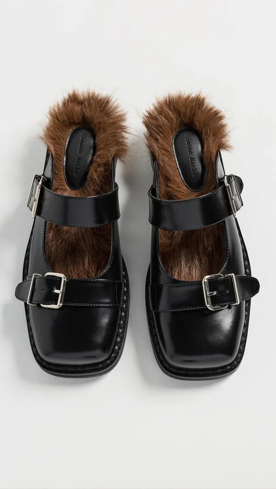 Faux Fur Lined Buckle Mary Jane Mules