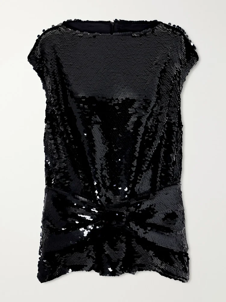 Bow-detail sequin-embellished mesh blouse