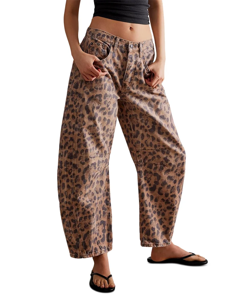 We The Free Good Luck Leopard Barrel Leg Jeans in Brown Sugar