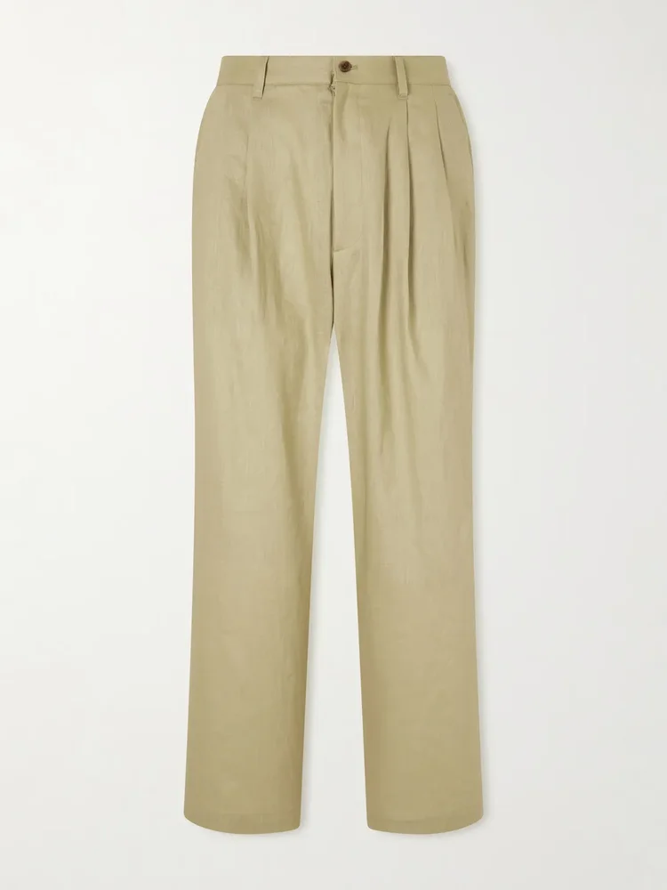 Wide-Leg Pleated Linen Trousers