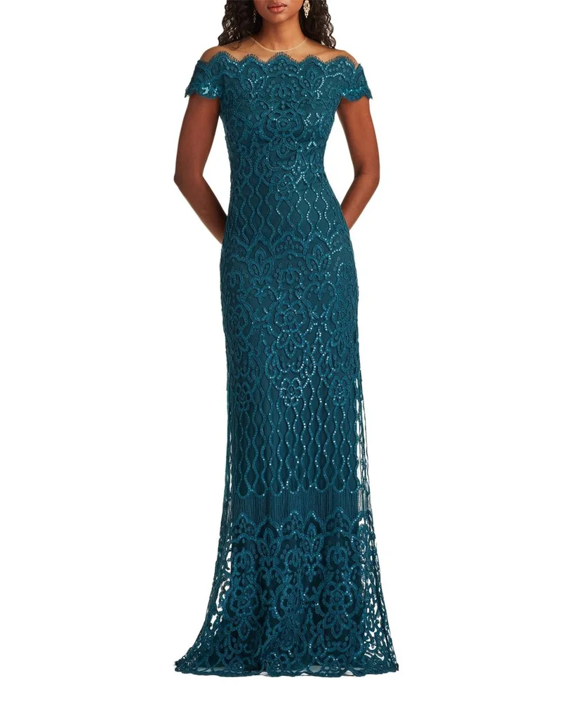 Rater Sequin Embroidered Off-Shoulder Gown